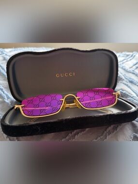 Gucci Gold Frame Sunglasses with Purple GG Logo Lenses